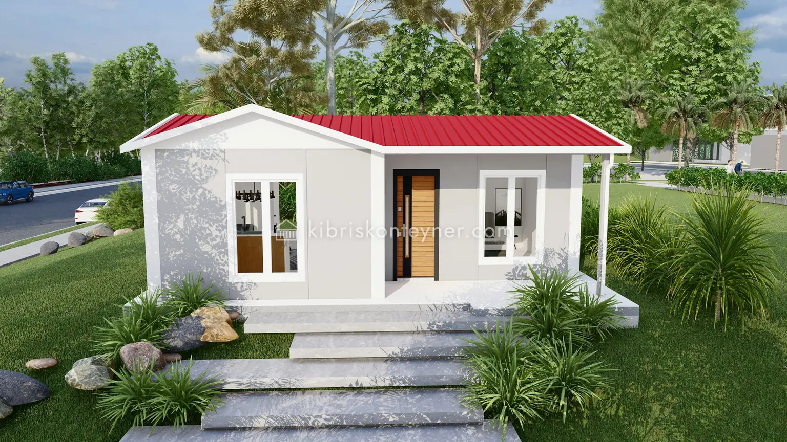 Kırmızı çatılı küçük tek katlı prefabrik ev